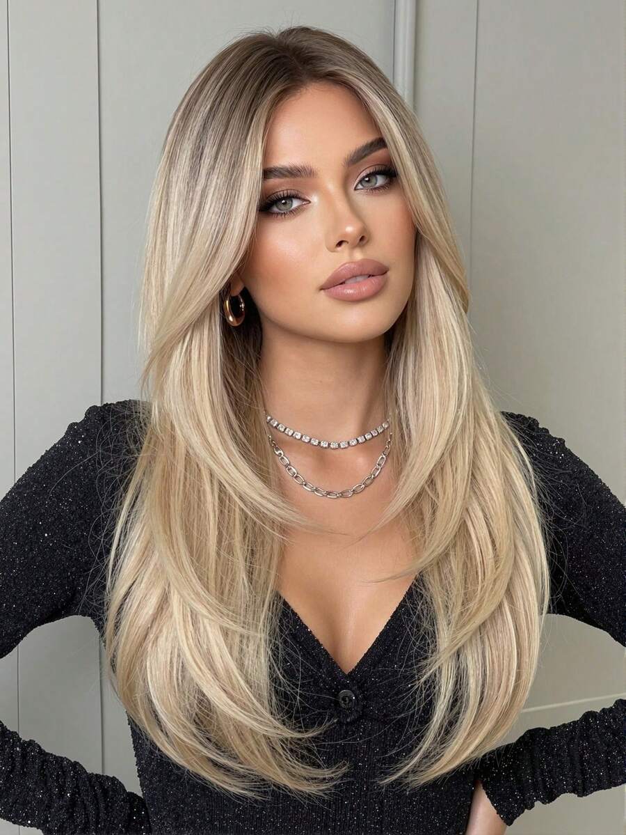 金色刘海长卷发假发，女士合成假发，深色发根，适合日常、派对、角色扮演（请注意佩戴和保养方式，由于拍摄时的光线和角度原因，实际产品颜色可能与图片略有差异。） - 金色 - 查看 1