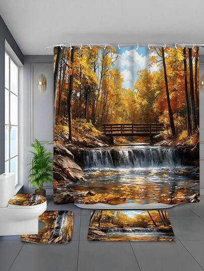1/4 件套宁静秋景，桥瀑相映，鲜艳秋叶与阳光森林图案印花防水浴室帘套装，以及具有疗愈功效的防水防霉加厚涤纶材质，免打孔安装，防滑垫，吸水马桶垫，数码印花，不易褪色，可机洗，四季皆宜，节日限量版