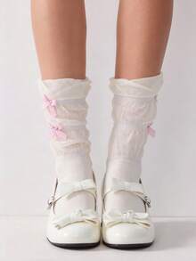 1双洛丽塔风格蝴蝶结袜，女士薄款网眼中筒袜，夏季 - 白色 - 查看 6