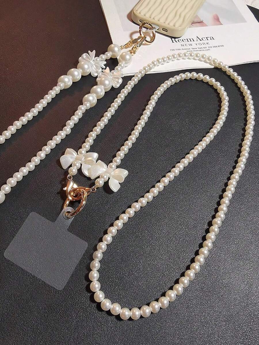 1条珍珠吊坠链，女士简约时尚奢华挂绳，长款斜挎手机挂绳带夹子，通用手工珍珠链项链，包包链带（长度约120厘米） - 彩色 - 查看 1