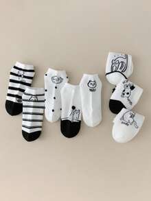 4双随机卡通猫咪图案休闲薄款短袜，女士款，春夏款 - 彩色 - 查看 5