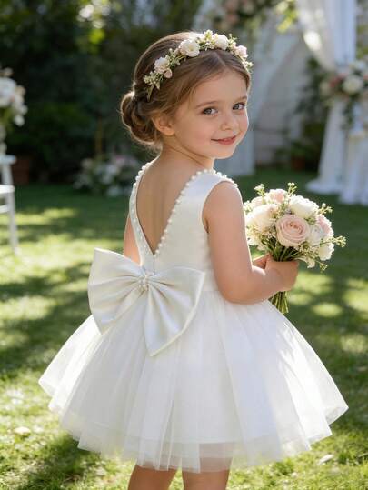 Baby Girls White Bow Knot Holiday Christmas Party Elegant Princess Tulle Dress, Suitable For 1st Birthday Gift, Banquet, Evening Party