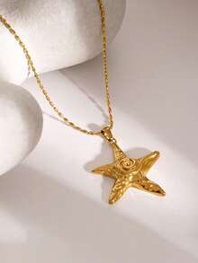RAYQUEEN 1pc INS Style 18K Gold Stainless Steel Vintage Oversized Spiral Starfish Pendant Necklace, Suitable As Gift - Yellow Gold - View 6