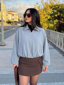 Women's Light Blue Zip Pocket Jacket - Casual Loose Lapel Spring/Autumn Coat - Baby Blue - View 5