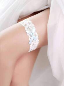 1件新娘腿部吊袜带，带蓝色蕾丝蝴蝶结装饰 - 米色 - 查看 2