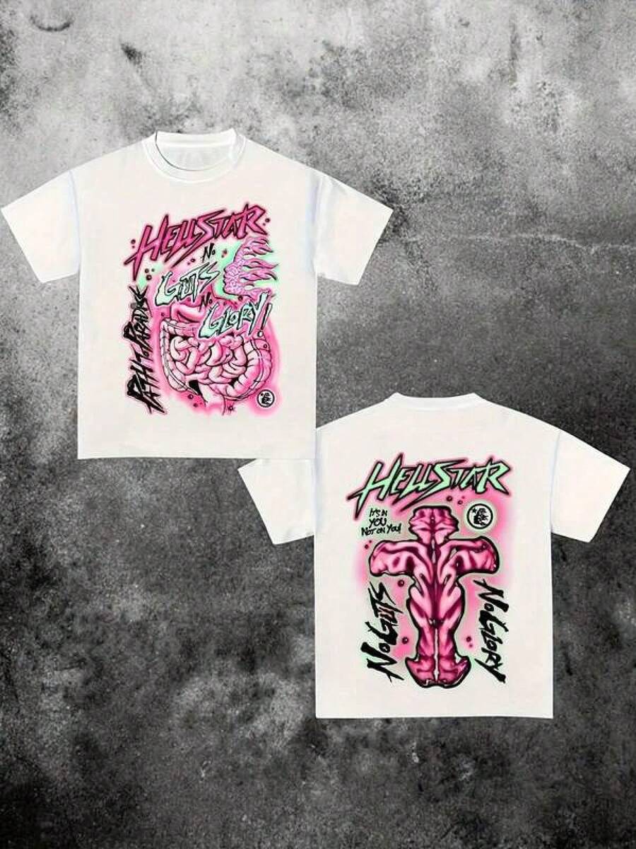 Graphic-Shirt Cotton Tees Size Plus,(220 Cotton T-Shirt Double-Sided Printing) 1pc Dark Geometric Graffiti & Anatomy Themed Front-Back Print Graphic T-Shirt - Neon Color & SloganGraphic White Tee, Y2K, Streetwear, Digital Print T - Shirt Casual Comfort Cotton Tee For Spring & Summer Fall Men's Clothing, Gift, Unisex ,Y2K,Oversized Shirt Men,Summer Tops - 白色 - 查看 1