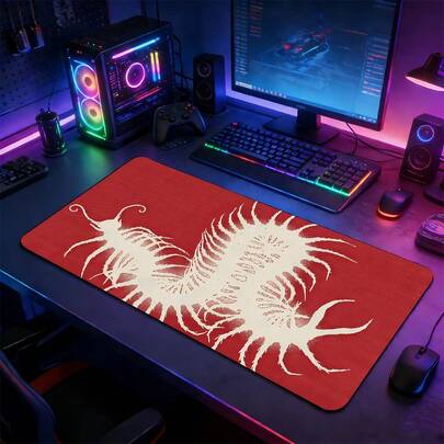 YUFZX 前卫白色抽象荆棘图案红色超大号游戏鼠标垫，带防滑橡胶底座的大号桌面垫，缝边锁边可水洗桌面垫，适用于游戏、家庭办公室，是游戏玩家、朋克和哥特美学爱好者的理想礼物