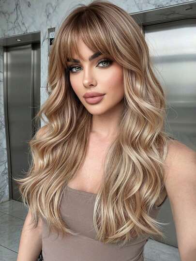 Peluca larga y ondulada para mujeres de 18 pulgadas con raíces, ombré balayage de marrón claro con reflejos rubios, con capas y ondas sueltas, con flequillo aireado, de fibra sintética resistente al calor, de aspecto natural, para uso diario, fiestas, cosplay, sesiones de fotos