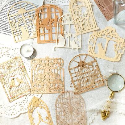 MOCARD 10 piezas/paquete Papel de scrapbooking con encaje floral hueco, material vintage DIY decorativo sin adhesivo, regalo para fiestas, suministros de collage hechos a mano, planificación de scrapbook personalizada, artículos de papelería escolar creativos