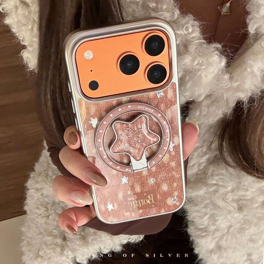 GUCADI Silver-Edged Magnetic Gold-Plated Deer Pattern Star + Deer Star Magnetic Stand Gold-Plated Star Phone Case, Suitable Compatible With Apple 17pm, 15 Magnetic Stand, 16 Gold-Plated Star, 14 Personalized, 13 Hard Shell, Unique, Creative, Retro Style, Geometric, Minimalist Style, Niche, Luxury Style, Ins Style.