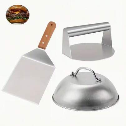 3pcs BBQ Set, Hamburger Press Set With Wooden Handle Spatula, Cheese Melting Cover, Stainless Steel BBQ Tools