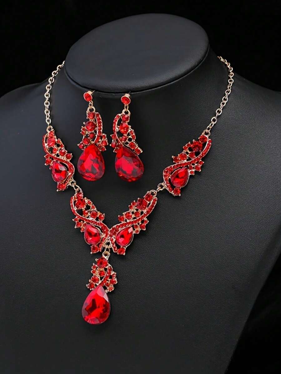 Bộ trang sức hợp kim phong cách Bohemian cổ điển 3 món, đính đá và thủy tinh, sang trọng, tinh tế và thanh lịch, phù hợp để đeo hàng ngày, dự đám cưới, họp mặt, tiệc tùng, là món quà hoàn hảo cho các dịp lễ, Ngày của Mẹ. - Đỏ - Xem 1