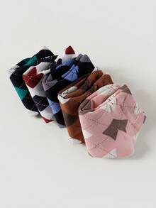 5/10 双装 女士菱形图案复古时尚舒适透气短袜 - 彩色 - 查看 5