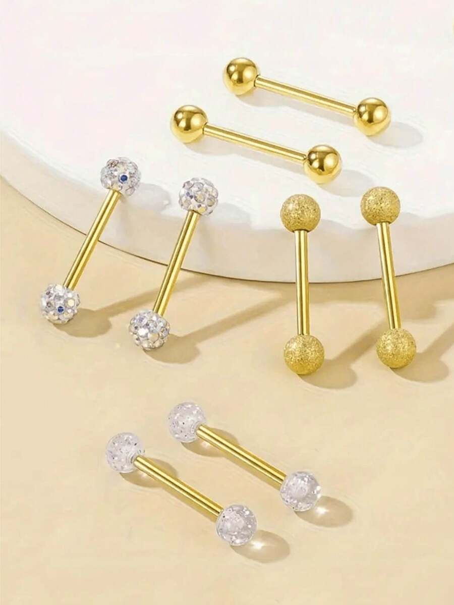8件套极简圆形球舌环/乳环,不锈钢穿刺饰品,时尚不锈钢球舌环,简约时尚球形杠铃舌环,适合女性日常佩戴,1.6*16mm穿刺杆,两端分别镶嵌水晶球和光滑不锈钢球,金色和银色可选。 - 8件組合 - 查看 1