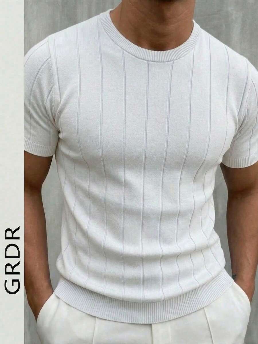 GRDR Men's Summer Round Neck Ribbed Knit Short Sleeve T-Shirt, Outdoor Casual Wear