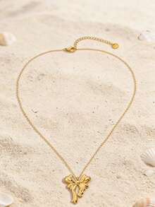 18K镀金极简3D蝴蝶结吊坠项链，波西米亚风金色夏季海滩度假不锈钢可调节链条项链，女士款 - 蝴蝶型 - 查看 8