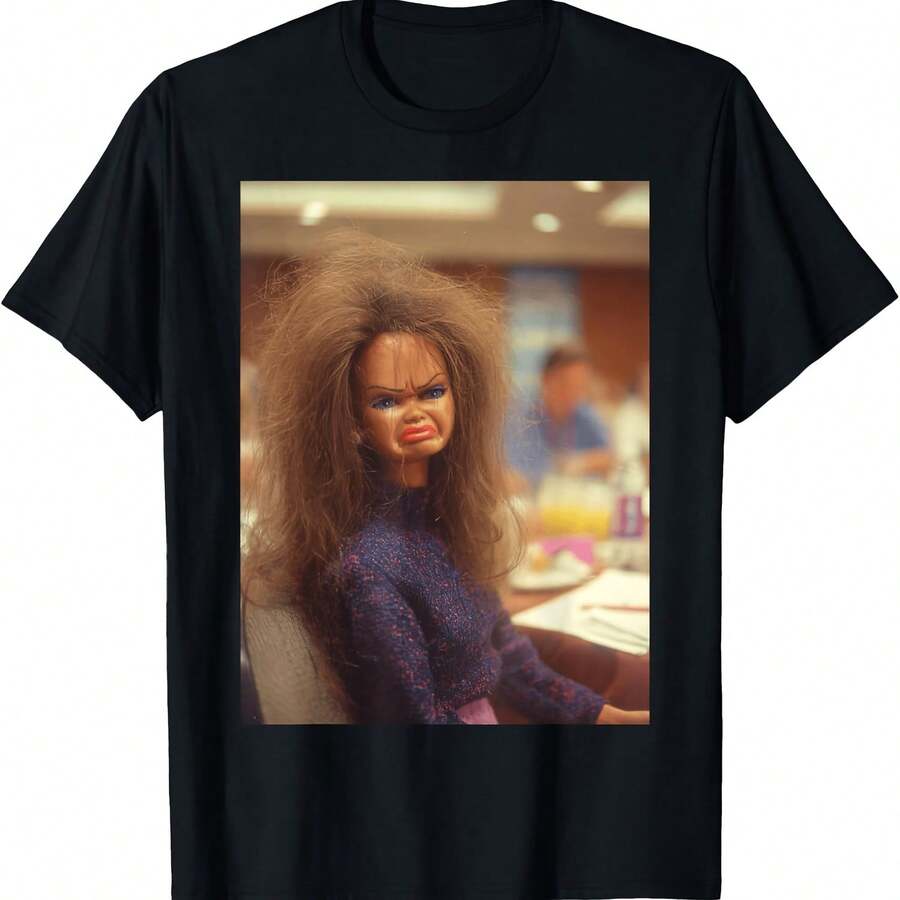 Funny Disgusting Doll Face Meme Office Y2K Sarcastic Gift T-Shirt - Black - View 1