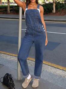 Women's Casual Denim Overalls - Adjustable Straps With Front Bib Pocket, Loose Fit Jumpsuit Romper Comfortable Soft Fabric - Medium Wash - View 7