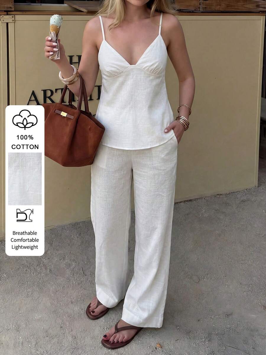 PoPoHouse 女士优雅纯棉两件套性感露背吊带背心和宽松阔腿裤套装夏季日常休闲海滩度假派对外出服装白色套装 - 白色 - 查看 1