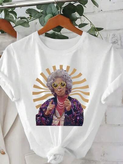 Plus Size Women's Casual Graphic Print Round Neck Short Sleeve T-Shirt, Cute Character Print, Suitable For Spring, Summer, Autumn, Valentine's Day/Back To School Season