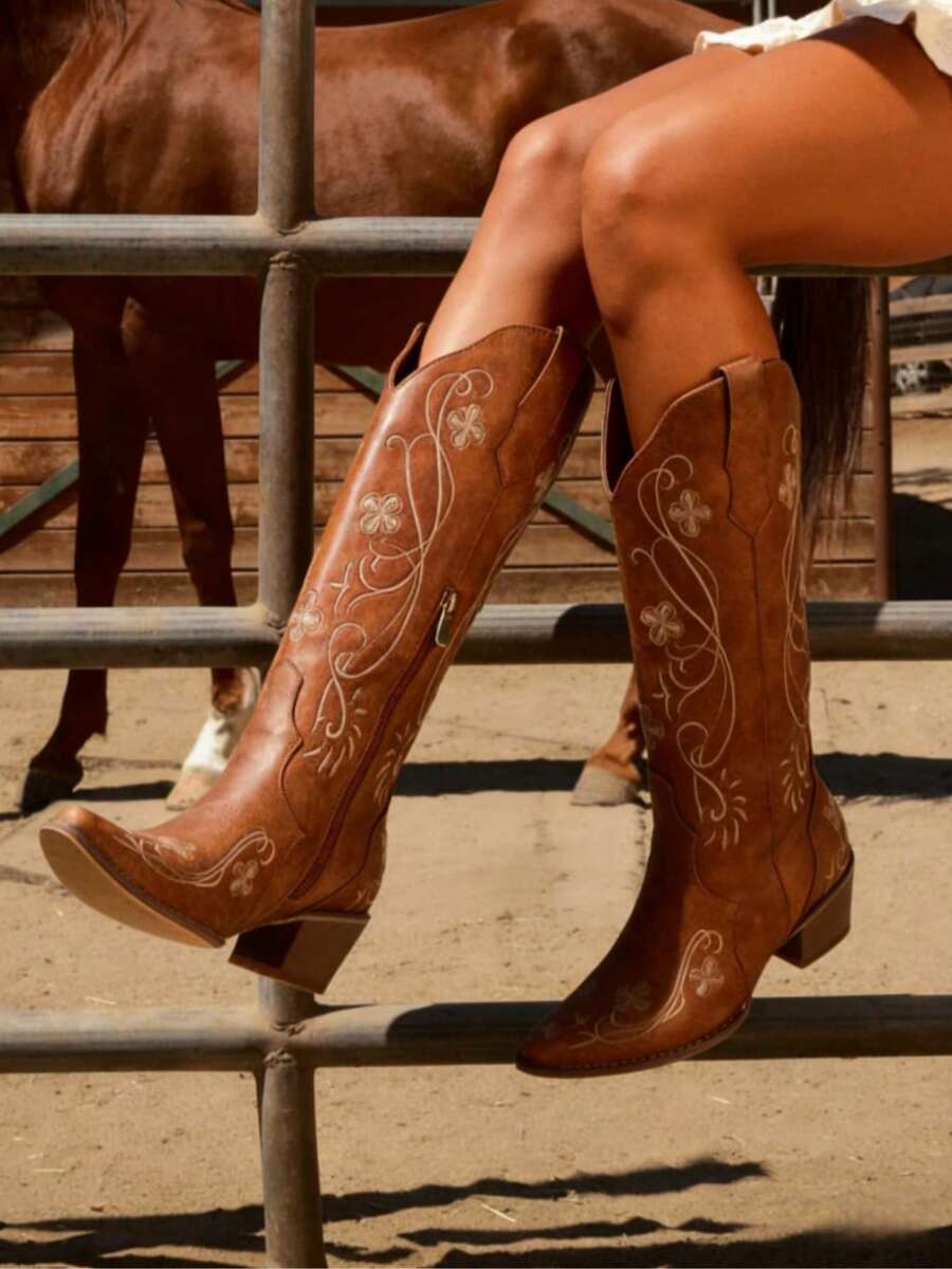 Western Boots For Women Floral Embroidered Pull On Boots Pointed Toe Chunky Heel Long Boots Classic Cowboy Cowgirl Boots Knee High Western Boots For Dressy Party Walking Shoes - nâu nhạt - Xem 1