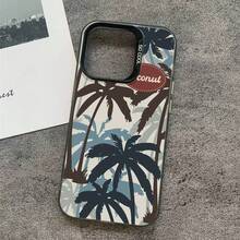 Fashionable Oil Painting Coconut Tree Travel Element Pattern Luxury Gradient Black Silver Silicone Soft Edge Acrylic Hard Back Plate Large Hole Camera Protection Anti-Drop Thick PC Metal Button Phone Case Compatible With IPhone///// - Black - View 1