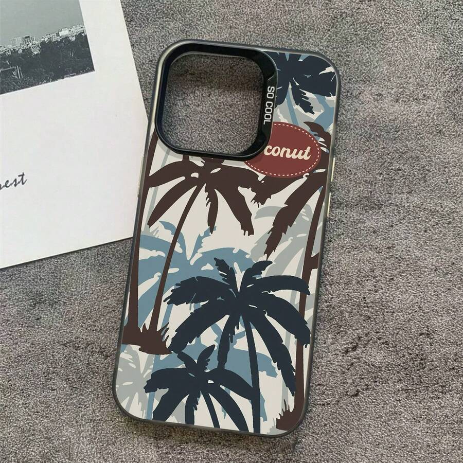 Fashionable Oil Painting Coconut Tree Travel Element Pattern Luxury Gradient Black Silver Silicone Soft Edge Acrylic Hard Back Plate Large Hole Camera Protection Anti-Drop Thick PC Metal Button Phone Case Compatible With IPhone///// - Black - View 1