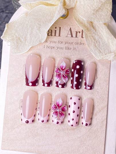 10 Pieces Of Handcrafted Long Pipe-Shaped AB Style Pink & Red French Polka Dot False Nails. Handmade Pink And Red Polka Dots With Pink 3D Carvings, Hand-Painted Red And Pink French Tips. Elegant, Romantic And Minimalist Wearable Nails, High-End, Sexy And Light-Luxury Nail Patches. Suitable For Daily Wear, Dates, Concerts And Light Business Occasions. An Ideal Gift For Women And Girls.