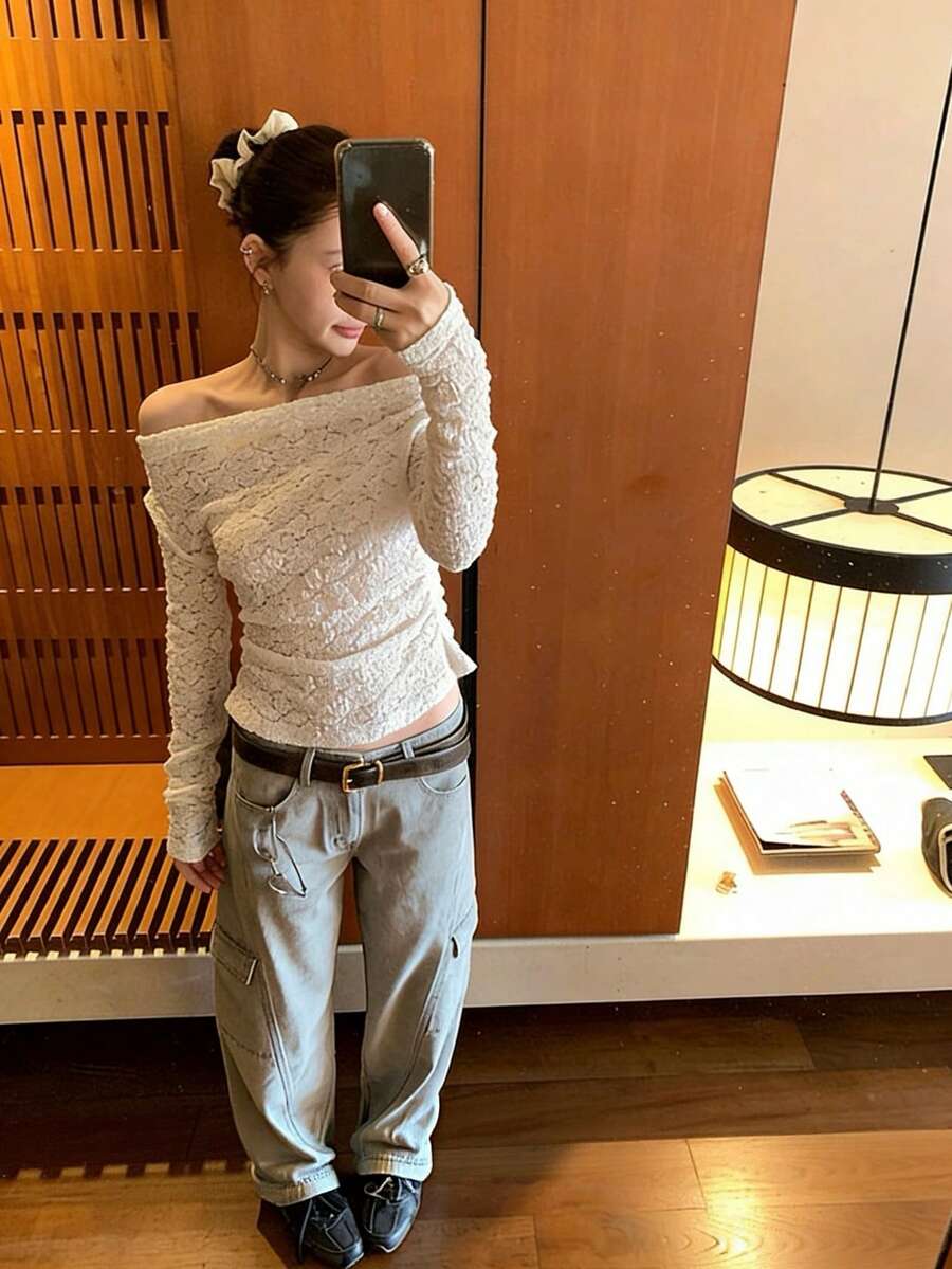 Lace Camisole, Off Shoulder, Versatile, Slimming, Reversible, Hollow-Out White Top Casual - White - View 1