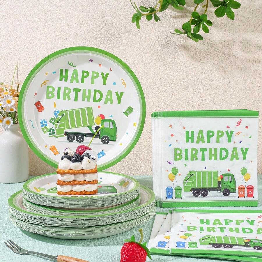 Green Car Happy Birthday Disposable Party Tableware Set, 7/9 Inch Disposable Paper Plates, Napkins, Suitable For Family Gatherings, Gender Reveal, Celebrations, Birthdays, Weddings, Parties, Picnics - Multicolor - View 1