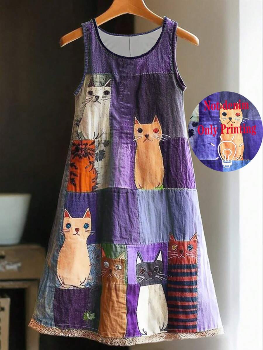 大码无袖圆领拼接猫咪印花吊带连衣裙，及膝长度，中等弹力针织面料，夏季优雅款 - 紫色 - 查看 1