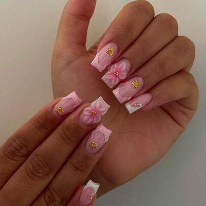 24pcs 3D Gel Nail Stickers, Pearl & Metal Bead Decor, Square French Tip, Perfect Fit, Acrylic False Nail Set, Includes: 1pc Jelly Gel & 1pc Nail File, Easy To Wear. This 3D Floral Gel Nail French Tip Stickers Suitable For Women's Daily Work, Party, Etc. Nails Nail Supplies