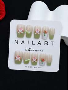 Purely Handmade Nail Art,10-Piece Set,Lime Green,Short Trapezoid,Beauty , Fragrancestyle, French Tip Nails,Press On Nails - Lime Green - View 1