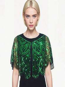 New Sequin Shawl, Vintage Style Elegant Short Cape Women Parties With Breathable & Shiny Lightweight Fabric Accessories Women Valentine Day Valentines - Green - View 11