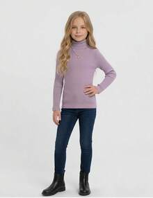 Children's Long-Sleeved High-Neck Ribbed Blouse - 紫丁香色 - 查看 2