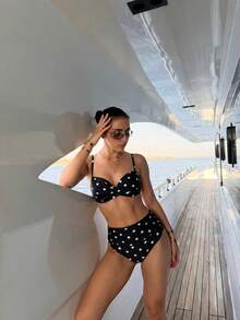 夏季純色性感優雅波希米亞風細肩帶比基尼泳衣，甜美兩件式波點海灘度假套裝 - 彩色 - 查看 6