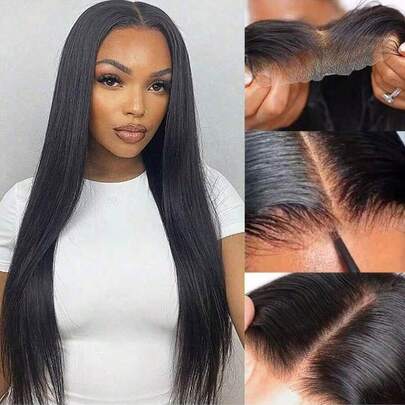 13x4 Lace Front Straight Human Hair Wig, Brazilian Straight, Wet Wave Transparent Lace Front Wig For Women, Pre-Plucked With Baby Hair, 150% Density, Natural Color