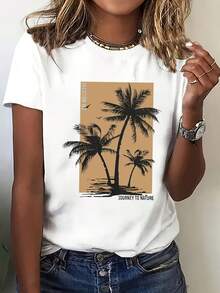 Camiseta de algodón de 180 g de peso, estilo vacacional fresco para mujer - con estampado de cocoteros tropicales, lavable aáquina, top casual deportivo de cuello redondo fácil de combinar, tela transpirable, adecuada para todas las estaciones, disponible enúltiples colores y tallas, perfecta para vacaciones en la playa, fiestas de verano y salidas diarias, resaltando tu calidez y energía, ¡una prenda imprescindible! Adecuada para el transporte diario, salidas informales, versátil para uso en casa e para paseos al aire libre. Sencilla y versátil, un estilo de nicho a, la primera opción para parejas. - Blanco - Ver 1