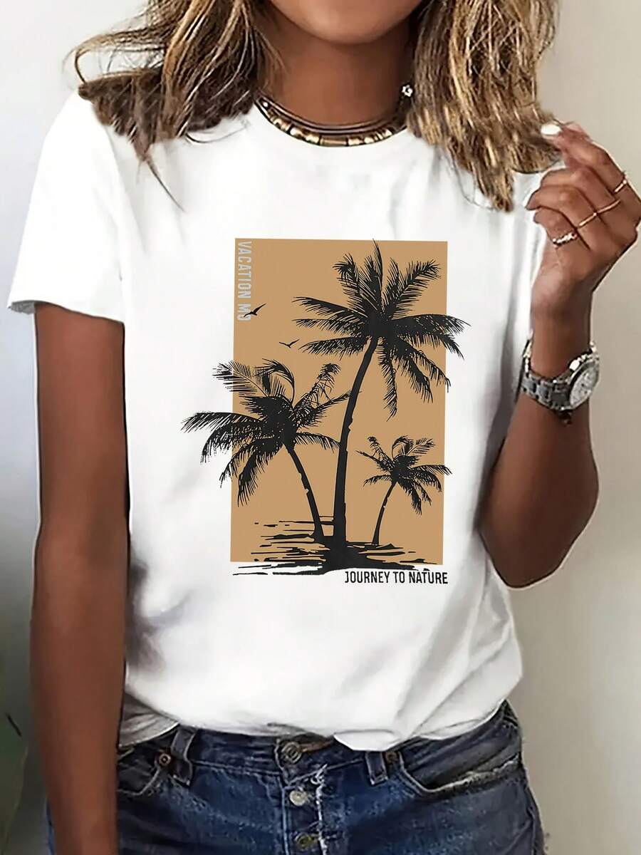 Camiseta de algodón de 180 g de peso, estilo vacacional fresco para mujer - con estampado de cocoteros tropicales, lavable aáquina, top casual deportivo de cuello redondo fácil de combinar, tela transpirable, adecuada para todas las estaciones, disponible enúltiples colores y tallas, perfecta para vacaciones en la playa, fiestas de verano y salidas diarias, resaltando tu calidez y energía, ¡una prenda imprescindible! Adecuada para el transporte diario, salidas informales, versátil para uso en casa e para paseos al aire libre. Sencilla y versátil, un estilo de nicho a, la primera opción para parejas. - Blanco - Ver 1