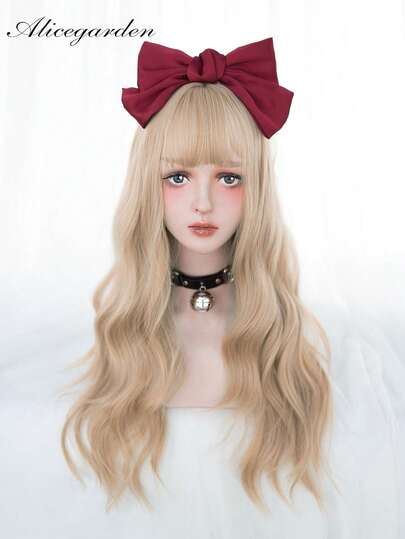 alicegarden 24-Inch Long Synthetic Wig Featuring A Natural Wavy Style In A Stunning Gold. Designed With Bangs , It Is Crafted From Heat-Resistant Fiber To Ensure Durability. This False Hairpiece Is Perfect For Daily Use, Offering A Natural And Realistic Appearance That Mimics. (Excluding Accessories)