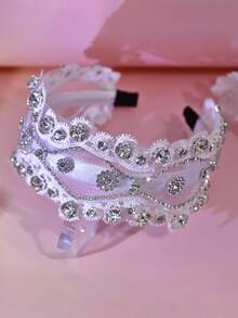 1件闪亮银色水钻宽发箍，优雅蕾丝边简约头饰，适合新娘、婚礼、庆典、派对、送礼、休闲佩戴 - 白色 - 查看 4