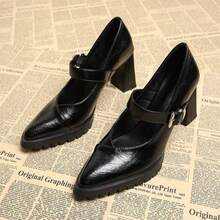 2026 春季优雅银色玛丽珍鞋，尖头搭扣带舒适高跟鞋 - 黑色 - 查看 9