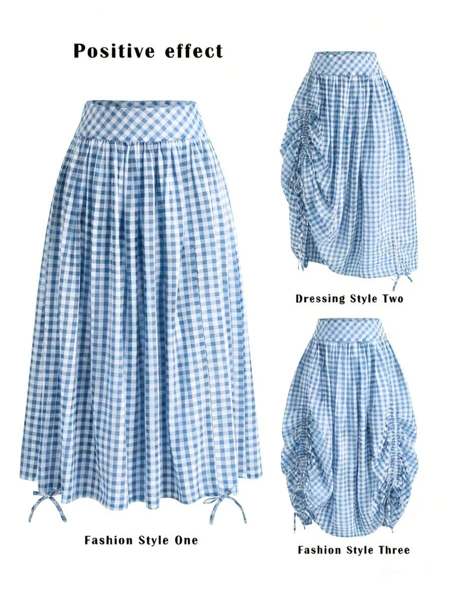 Women's French Plaid Casual Pocket Ruffle Drawstring Versatile Skirt For Dates, Beach Spring - Blue - View 1
