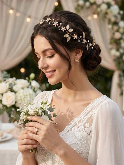 1pc Golden Leaf & Flower Faux Pearl Crystal Bridal Hair Vine, Elegant Fairy-Like Wedding Party Headpiece, Hair Accessory