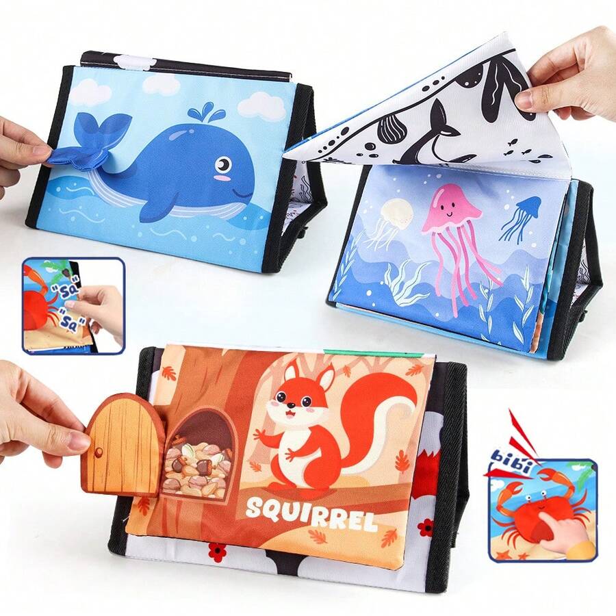 婴儿布书，婴儿镜面布书，黑白动物和海洋生物布书，双面翻页设计，有助于培养宝宝的认知能力 - 彩色 - 查看 1