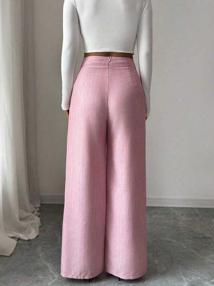 Women Pink Bamboo Fabric Waist Front Overlay Buckle Elegant Teacher Uniform Professional Casual Loose Flowy Straight Leg Pants Thanksgiving Halloween Essential - 粉色 - 查看 2