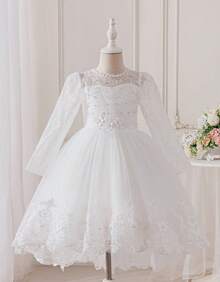 Flower Girl Dress Princess Style Girls White Long Sleeve Lace Pearl Beaded High Low Tulle Gown With Bow Back For Wedding First Communion Birthday Party Pageant Bridesmaid Formal Occasion - trắng - Xem 3