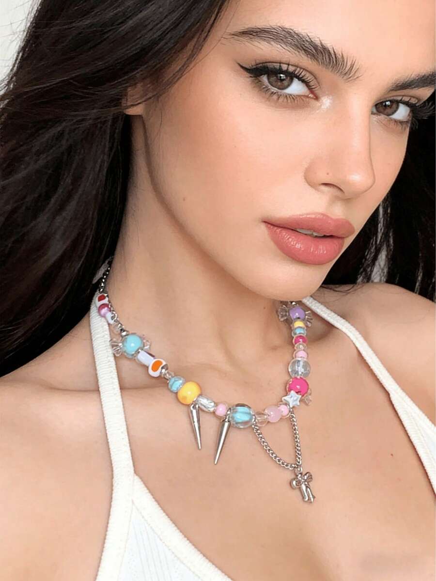 Collar de dopamina Y2K, collar de caramelos coloridos para mujeres, collar decorativo con cuentas de estrellas y lunas, joyería de flores de resina hecha a mano, adecuado para niñas jóvenes - vistoso - Ver 1