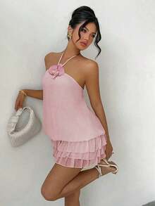 Women's Yellow Low Waist Super Short Sexy 3D Floral Camisole Backless Ruffle Hem Mini Dress, Elegant, Fashionable, Suitable For Daily Commute, Party, Carnival, Valentine's Day, New Year, Beach Vacation Summer - 淺粉色 - 查看 4