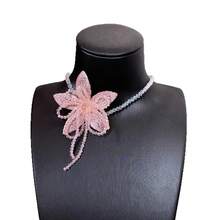 Pink Floral Crystal Tassel Necklace Earrings Set Sweet Fairy Pure Desire Style Atmosphere Clavicle Chain - 粉紅色花朵串珠項鍊 - 查看 5